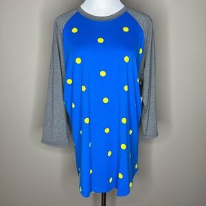 LuLaRoe Randy womens 3/4 sleeve top t-shirt blue with yellow polka dots sz 2XL.